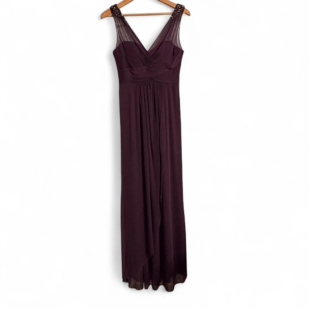 Adrianna Papell Women's Size 4 dress Maxi Currant Purple Beaded Tulle Gown